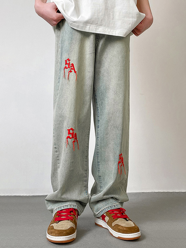 Slim Straight Herrenjeans in blauer Waschung mit Stickerei-2