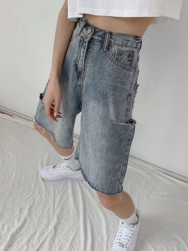 Knielange Denim-Shorts mit ungesäumtem Saum-4