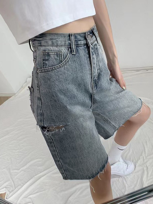 Knielange Denim-Shorts mit ungesäumtem Saum-3