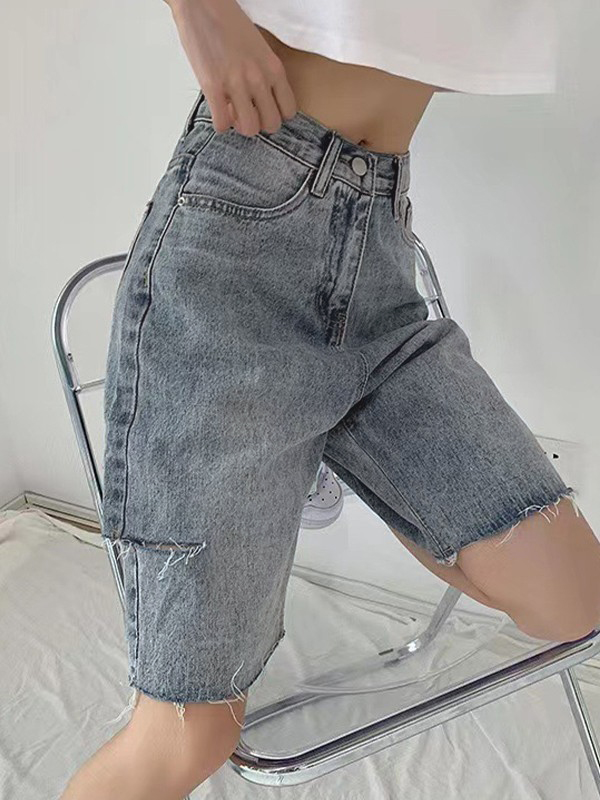 Knielange Denim-Shorts mit ungesäumtem Saum-5